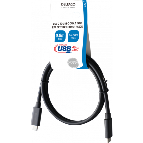 DELTACO USB4 gen3, USB-C - USB-C, 5A EPR, 0,8m, black USBC-4008-LSZH