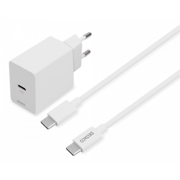 DELTACO USB-C wall charger, 1x USB-C PD 20 W, 1 m USB-C cable, white USBC-AC146