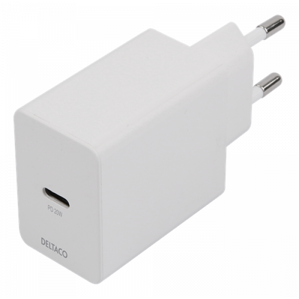 DELTACO USB-C wall charger, 1x USB-C PD 20 W, 1 m USB-C cable, white USBC-AC146