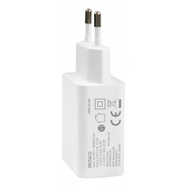 DELTACO USB-C wall charger, 1x USB-C PD 20 W, 1 m USB-C cable, white USBC-AC146