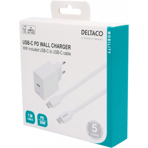 DELTACO USB-C wall charger, 1x USB-C PD 20 W, 1 m USB-C cable, white USBC-AC146