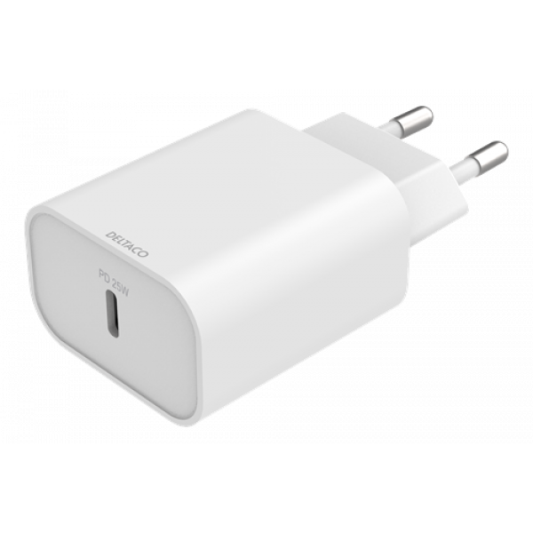 DELTACO USB-C wall charger, 1x USB-C PD 20 W, PPS 25 W, white USBC-AC147
