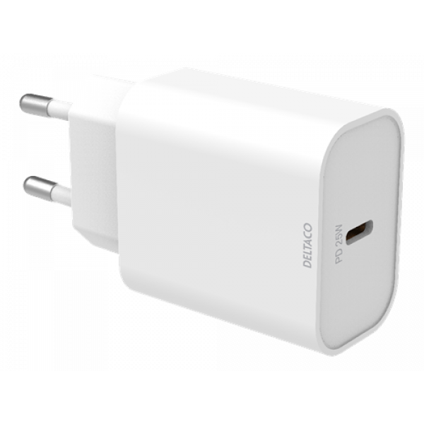 DELTACO USB-C wall charger, 1x USB-C PD 20 W, PPS 25 W, white USBC-AC147
