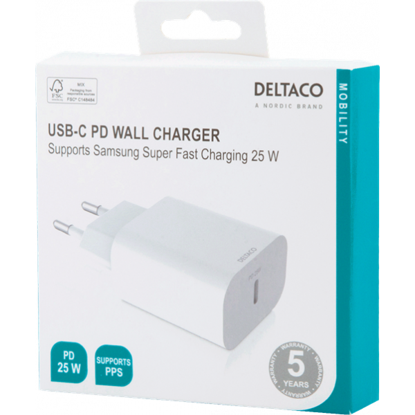 DELTACO USB-C wall charger, 1x USB-C PD 20 W, PPS 25 W, white USBC-AC147
