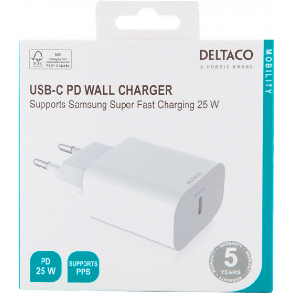 DELTACO USB-C wall charger, 1x USB-C PD 20 W, PPS 25 W, white USBC-AC147