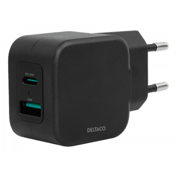 DELTACO USB wall charger, 1x USB-A 18 W, 1x USB-C PD 20 W, black USBC-AC148