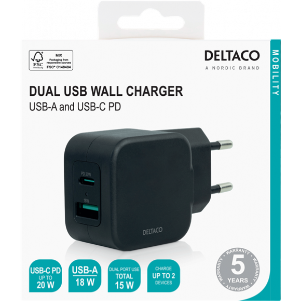 DELTACO USB wall charger, 1x USB-A 18 W, 1x USB-C PD 20 W, black USBC-AC148