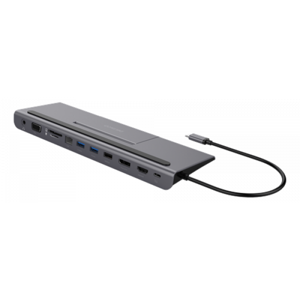 DELTACO USB-C docking station VGA/DP/HDMI/SD/RJ45/3.5, PD 3.0, sp.grey USBC-DOCK2