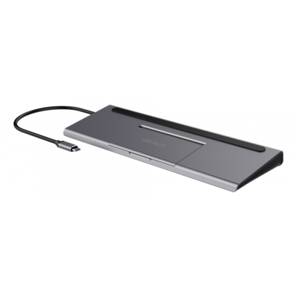 DELTACO USB-C docking station VGA/DP/HDMI/SD/RJ45/3.5, PD 3.0, sp.grey USBC-DOCK2