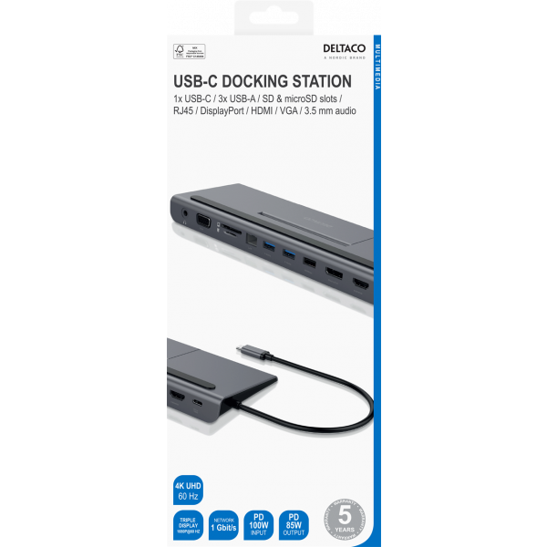 DELTACO USB-C docking station VGA/DP/HDMI/SD/RJ45/3.5, PD 3.0, sp.grey USBC-DOCK2