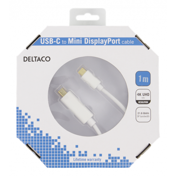 DELTACO USB-C - MiniDP kabel, 1m, 21,6 Gbit/s, 3840x2160 60Hz, vit USBC-DP103-K