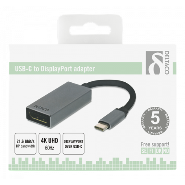 DELTACO USB-C - DP adapter, USB-C ha, DP ho, 3840x2160 60Hz, space gre USBC-DP2