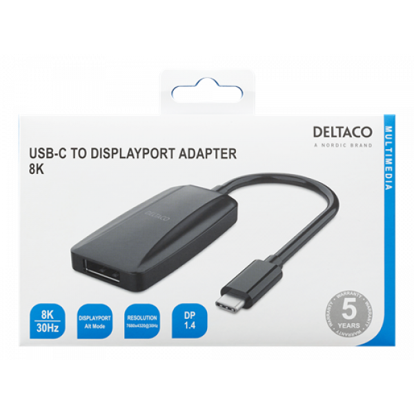 DELTACO USB-C - DP adapter, USB-C ha, DP ho, 7680x4320 30Hz, svart USBC-DP8K