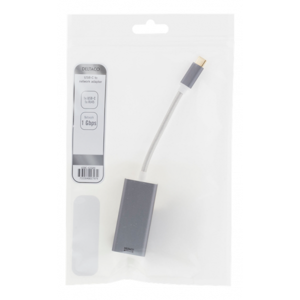 DELTACO USB-C nätverksadapter, Gigabit, 1xRJ45, 1xUSB-C hane, alu, rym USBC-GIGA4