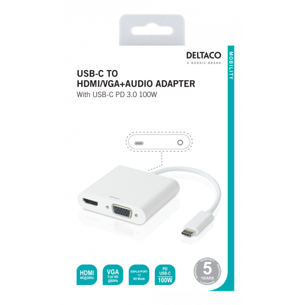 DELTACO USB-C dockningsstation, HDMI/VGA/USB-C, 100W USB-C PD 3.0, vit USBC-HDMI16