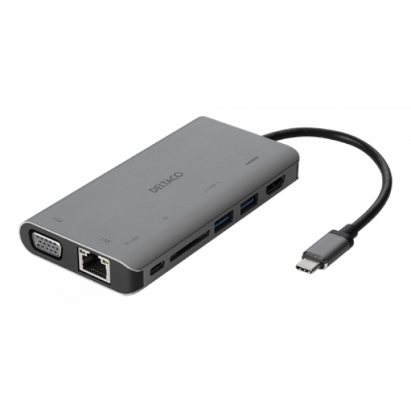 DELTACO USB-C dockningsstation HDMI/VGA/2xUSB-A PD 3.0 spc grey USBC-HDMI18