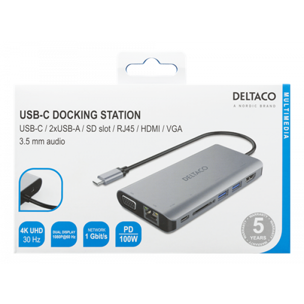 DELTACO USB-C dockningsstation HDMI/VGA/2xUSB-A PD 3.0 spc grey USBC-HDMI18