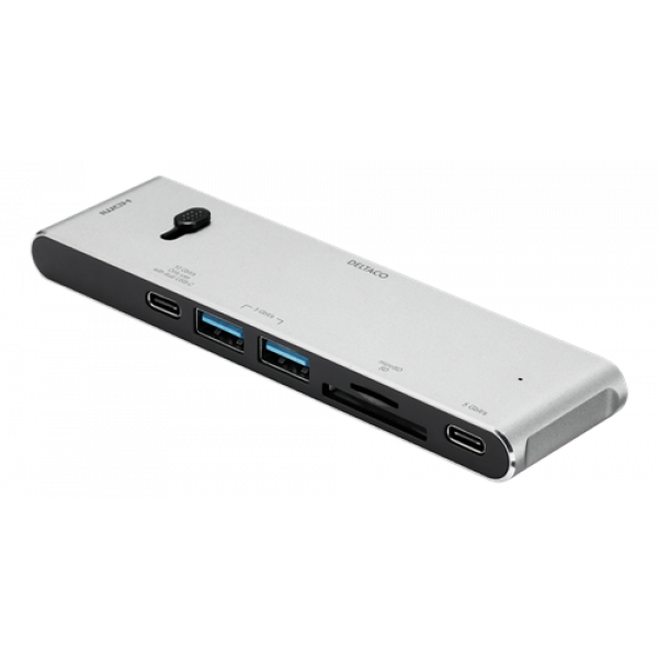 DELTACO USB-C MB dockningsstation HDMI/SD/mSD-läsare PD 3.0 spc grey USBC-HDMI21