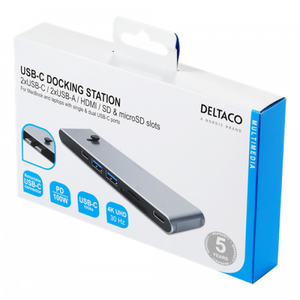 DELTACO USB-C MB dockningsstation HDMI/SD/mSD-läsare PD 3.0 spc grey USBC-HDMI21