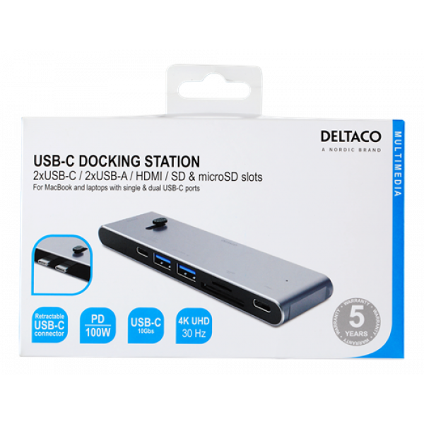 DELTACO USB-C MB dockningsstation HDMI/SD/mSD-läsare PD 3.0 spc grey USBC-HDMI21