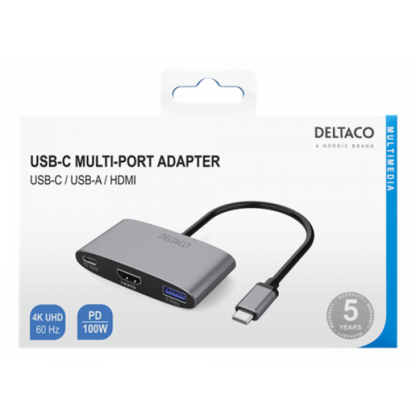 DELTACO USB-C till HDMI/USB A adapter, 4K 60Hz, USB-C PD 3.0 100W, vit USBC-HDMI22