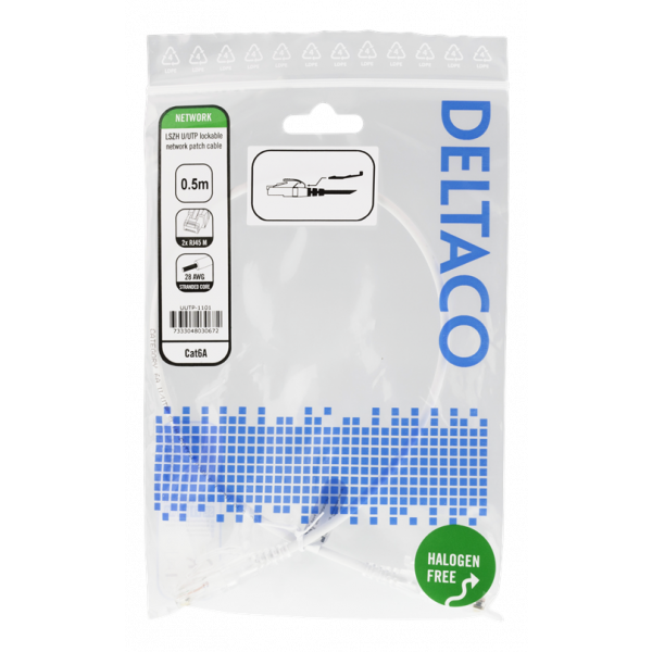 DELTACO U/UTP Cat6A patchkabel, 0,5m, 500MHz, låsbara kontakter, vit UUTP-1101