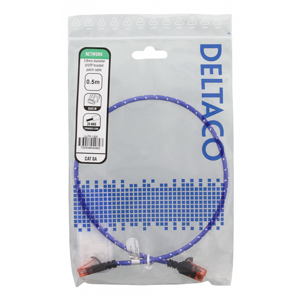DELTACO Tough Slim CAT.6A U/UTP-kabel, flertrådig, 3.8mm, 0.5m, blå UUTP-1300