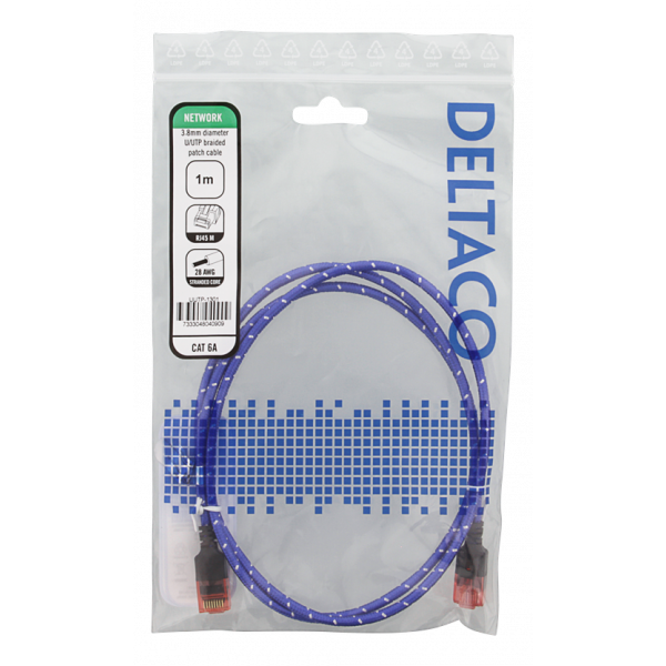 DELTACO Tough Slim CAT.6A U/UTP-kabel, flertrådig, 3.8mm, 1m, blå UUTP-1301