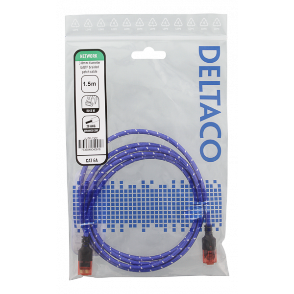 DELTACO Tough Slim CAT.6A U/UTP-kabel, flertrådig, 3.8mm, 1,5m, blå UUTP-1302