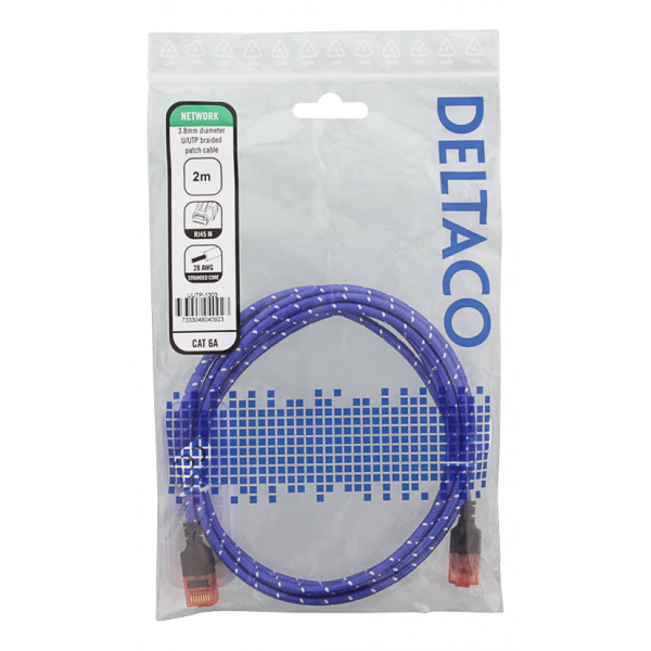 DELTACO Tough Slim CAT.6A U/UTP-kabel, flertrådig, 3.8mm, 2m, blå UUTP-1303