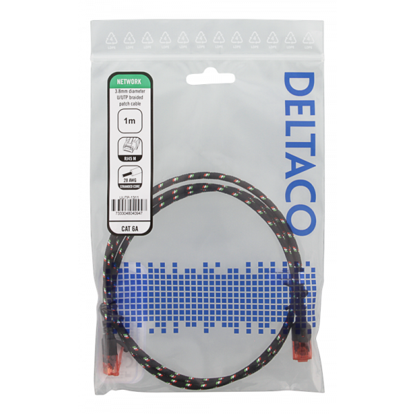 DELTACO Tough Slim CAT.6A U/UTP-kabel, flertrådig, 3.8mm, 1m, svart UUTP-1311