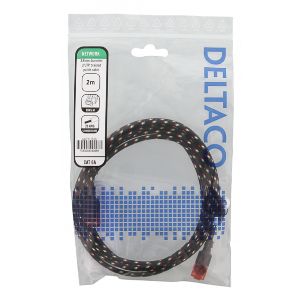 DELTACO Tough Slim CAT.6A U/UTP-kabel, flertrådig, 3.8mm, 2m, svart UUTP-1313