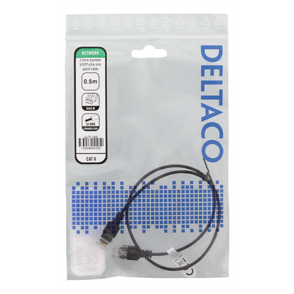 DELTACO Ultra Slim U/UTP Cat.6 patchkabel, 2.6mm, 0,5m, svart UUTP-1400
