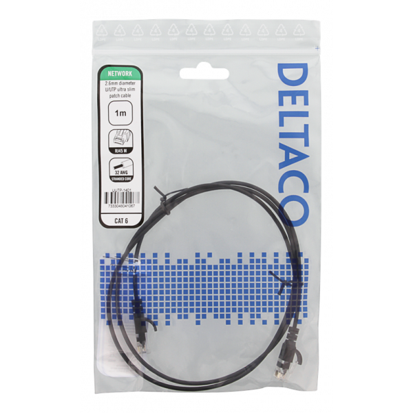 DELTACO Ultra Slim U/UTP Cat.6 patchkabel, 2.6mm, 1m, svart UUTP-1401