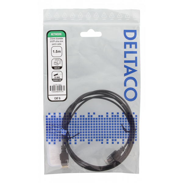 DELTACO Ultra Slim U/UTP Cat.6 patchkabel, 2.6mm, 1,5m, svart UUTP-1402