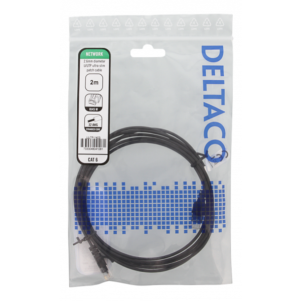 DELTACO Ultra Slim U/UTP Cat.6 patchkabel, 2.6mm, 2m, svart UUTP-1403