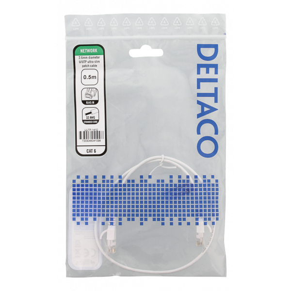DELTACO Ultra Slim U/UTP Cat.6 patchkabel, 2.6mm, 0,5m, vit UUTP-1410