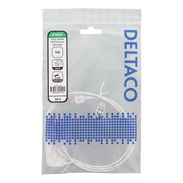 DELTACO Ultra Slim U/UTP Cat.6 patchkabel, 2.6mm, 1m, svart UUTP-1411