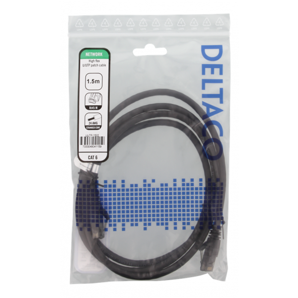 DELTACO U/UTP High Flex Cat6 patchkabel, 1,5m, flertrådig, 24AWG, svar UUTP-1502