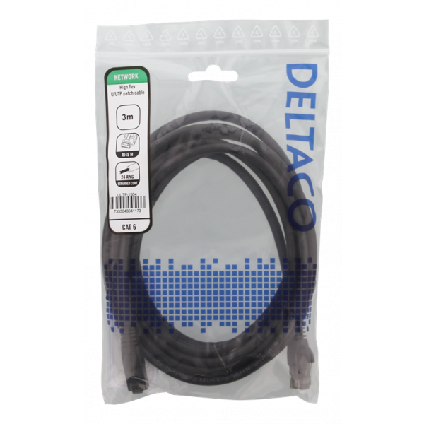 DELTACO U/UTP High Flex Cat6 patchkabel, 3m, flertrådig, 24AWG, svart UUTP-1504