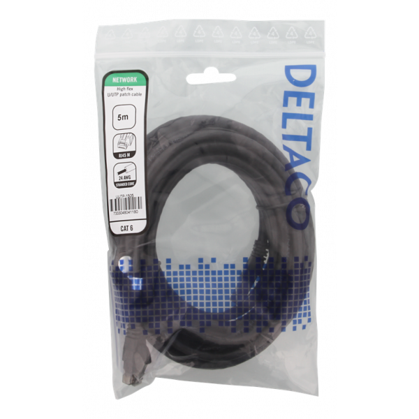 DELTACO U/UTP High Flex Cat6 patchkabel, 5m, flertrådig, 24AWG, svart UUTP-1505