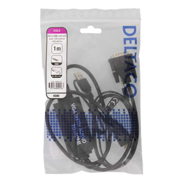 DELTACO VGA till HDMI- och ljudkabel, 1m, FHD, drivs via USB, svart VGA-HDMI16