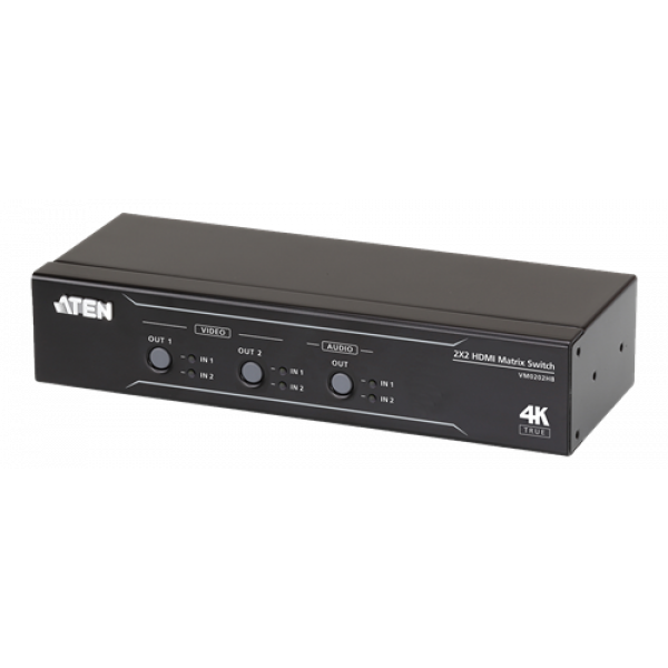 ATEN 2x2 True 4K HDMI Matrix Switch with Audio De-Embedder,IR,RS-23 VM0202HB-AT-G