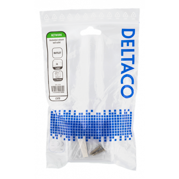 DELTACO oskärmat vägguttag, utanpåliggande UTP 2xRJ45, Cat6, vit VR-219