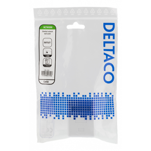 DELTACO skärmat vägguttag, utanpåliggande FTP 1xRJ45, Cat6A, vit VR-220