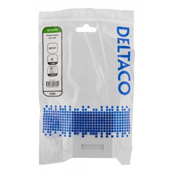 DELTACO skärmat vägguttag, utanpåliggande FTP 2xRJ45, Cat6A, vit VR-221